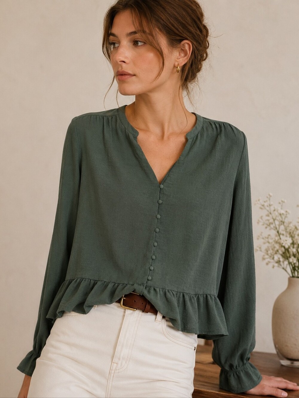 Vero Moda Sage Green Peplum Blouse Size L